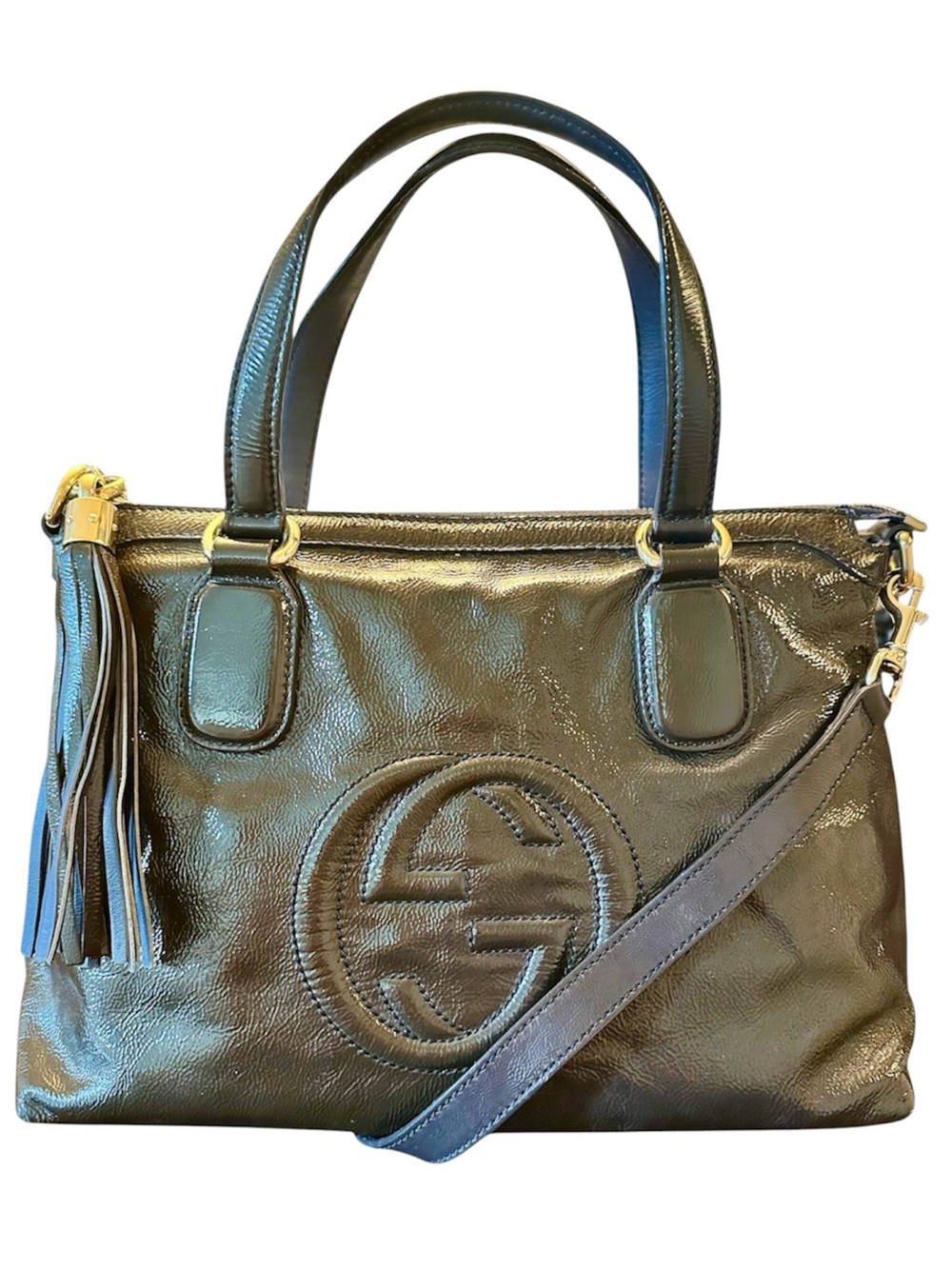 GUCCI RARE Vernice Olive Green Grey Patent Naplack Leather GG Soho Tote Bag